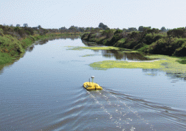 Z-Boat 1800 on a riverine hydrographic survey utilizing side scan sonar.