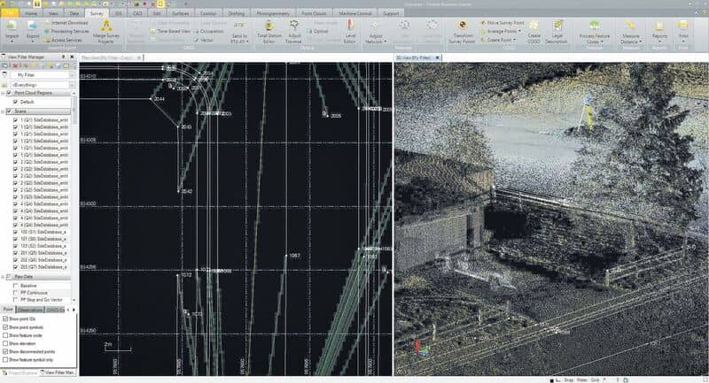 TBC Scanning data clarifies inconsistent total station measurements. Note that some points are taken to the top of the fence while other fence points are along the ground.