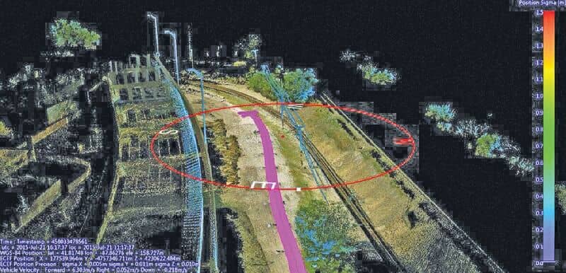 Using a mobile mapping system, Construction CAD Solutions can generate high-accuracy point cloud data--in multiple views, as shown above and at left--to assist in its utility design function.