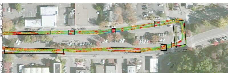 A GPR deliverable from Bess Test-lab; for a roadway improvement project, their client needed to know the precise location of concrete remnants from an older concrete road below.