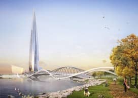 Lakhta Centre concept art with parkland, tower and bridge, russia