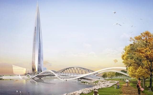 Lakhta Centre concept art with parkland, tower and bridge, russia