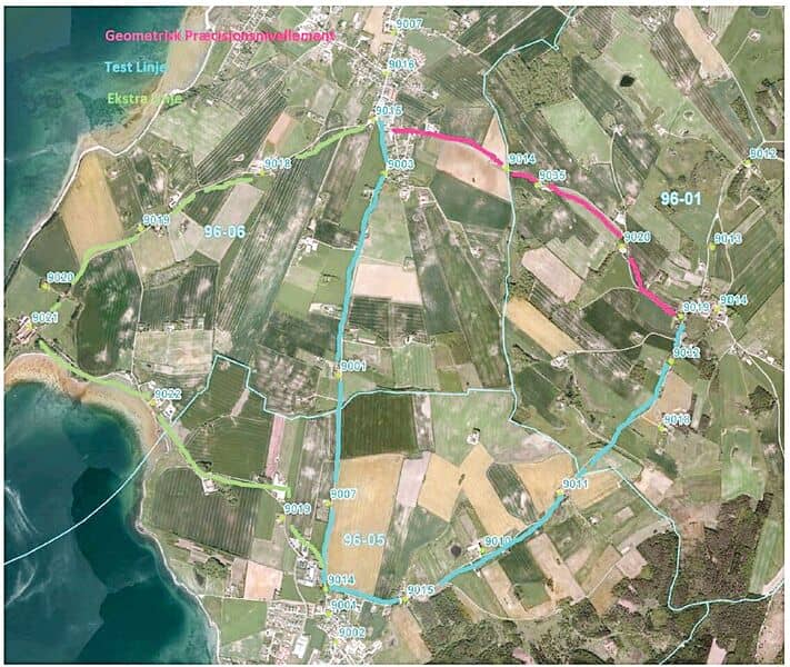 Testing routes for the instruments and soft- ware; leveling routes were surveyed twice (blue), and the result was compared to a precise geometric route (red). Another route (green) was used to test the distance meter and prisms.