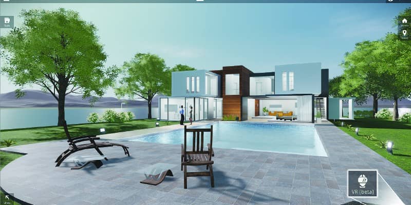 simulated landscape with architecture, modern home and pool by lake