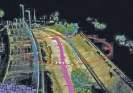 Using a mobile mapping system, Construction CAD Solutions can generate high-accuracy point cloud data--in multiple views, as shown above and at left--to assist in its utility design function.