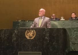 Ambassador Peter Thomson, Fiji’s permanent representative to the United Nations, presents to the General Assembly the resolution titled, “A global geodetic reference frame for sustainable development.”