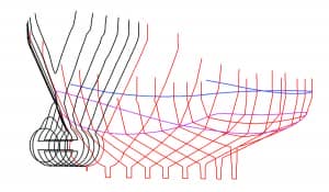 The 3D deliverable for the naval architect: the red lines are the  actual interior frames, blue is the deck line, pink is the keel, and black are cross sections every foot to show the shape.  The architect will use this drawing to design with, and because he has exact dimensions he will be able to save tens of thousands of dollars in steel alone by ordering sections to be pre-cut (as opposed to cutting on site and creating waste).