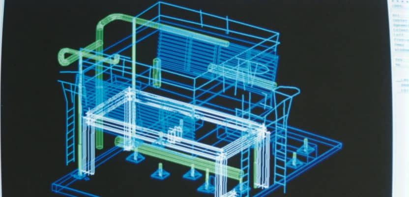 AutoCAD representation of equipment and structure created from scans. Scans were modeled in Cyra’s point cloud software and the model was exported to AutoCAD.