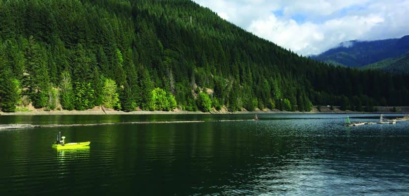 The CEE-USV remote survey boat at work on Detroit Lake, OR