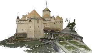 Point cloud of full model of castle, shown from the front