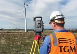 Senior surveyor Nathan Farrell tasks the Trimble S8 and TSC3 controller at the Mt Mercer Wind Farm. TGM was able to provide all survey tasks with a one-person crew.