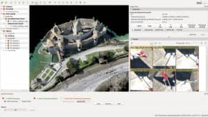 Densified point cloud of final reconstruction in rayCloud editor showing the ground control points and manual tie points used for the merging of the various datasets.