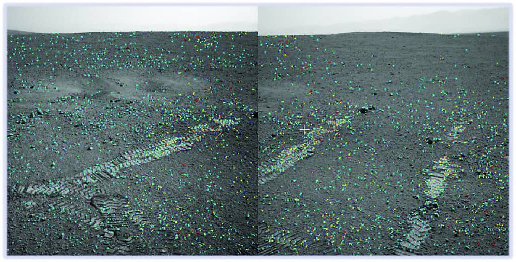 Automatically derived conjugate points on undisturbed ground around the craters and tracks were used to define an approximate level plane whose normal defines the depth axis. Cardinal Systems used the orb feature matcher for rough alignment and their Gruen-like least squares matcher for sub-pixel alignment.