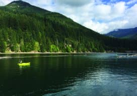 The CEE-USV remote survey boat at work on Detroit Lake, OR