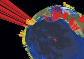 This visualization is of the high volume of commercial shipping activity into and out of ports rimming the Pacific Ocean. The data were analyzed using Esri’s new GIS Tools for Hadoop toolkit. Visualization by Mansour Raad, Esri. Available online at coolmaps.esri.com/BigData/ShippingGlobe with any browser running WebGL.