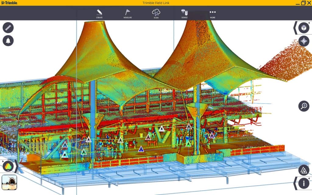 The point cloud data generated from the Trimble X7 laser scanner is analyzed on-site and compared to a 3D BIM model of the design to identify potential discrepancies.