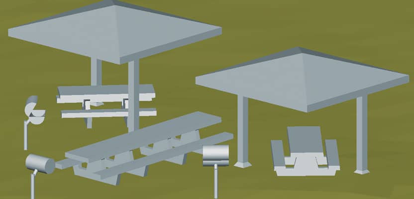 Isometric view of 3D model of centralized benches, barbeques, and gazebos at Prescott National Forest.