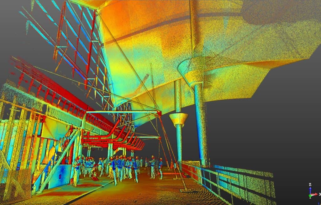 The point cloud data generated from the Trimble X7 laser scanner is analyzed on-site and compared to a 3D BIM model of the design to identify potential discrepancies.