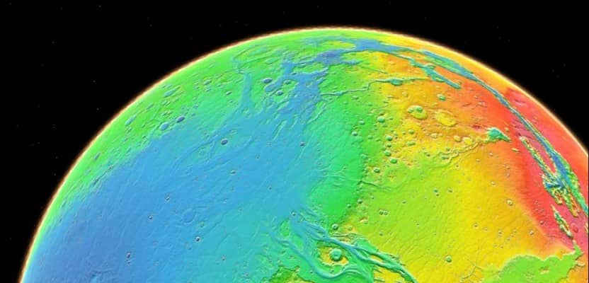 Color coding in this image of Mars represents differences in elevation, measured by NASA's Mars Global Surveyor. While surface liquid water is rare and ephermal on modern Mars.