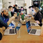 Maptime co-founder Alan McConchie (back, left) teaches Tilemill 1 and 2 at a Maptime meetup at Stamen’s offices in 2014. Credit: Christie Hemms.