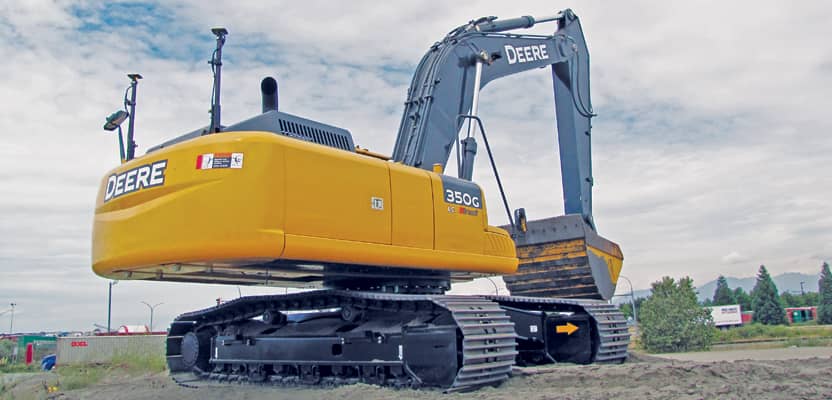 This heavy excavator (left) resolves orientation via GNSS antennas on the counterweight, and a series of tilt sensors calibrated to the moving sections of the boom provide highly accurate feedback to the operator (inset) as to progress of the bucket towards design grades per the 3D model uploaded into the controller. Another level of productivity gains comes from the telemetry fed into the site-management software and its virtual-reality viewing tools that provide real-time visual status of all equipment on the site.