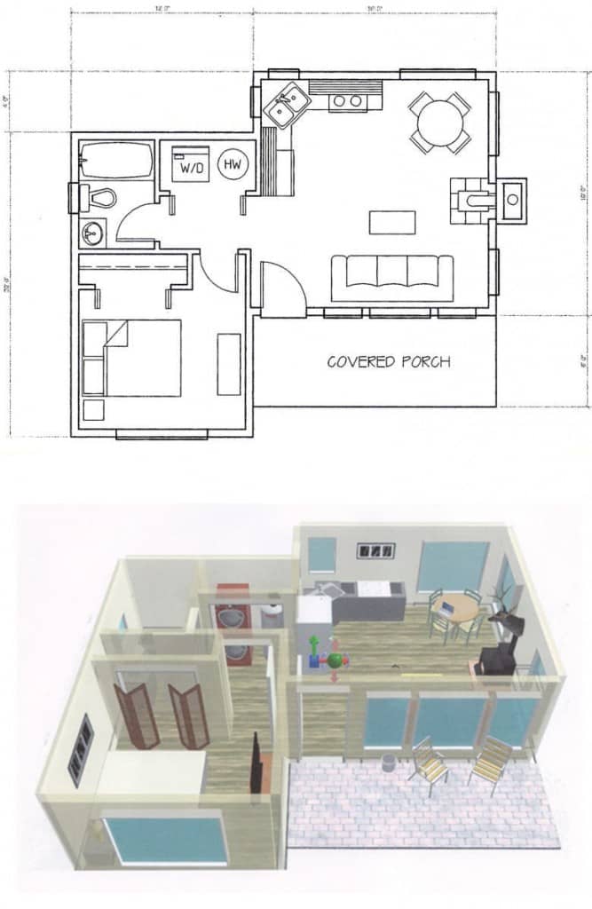 Top: This basic, 2D diagram of a crime scene was created using an existing CAD drawing. Bottom: The same crime scene was modeled in 3D, allowing for much more detail.