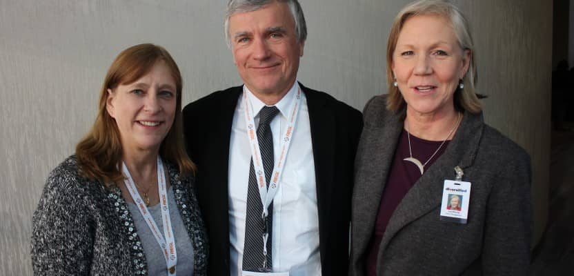 Making the announcement of the collaboration between ASPRS and ILMF to co-host their events next February in Denver, CO, are Karen Schuckman, CP, PLS, representing ASPRS, Lisa Murray, representing Diversified Communications parent company of ILMF, and ASPRS Chairman Charles Toth.