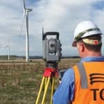 Senior surveyor Nathan Farrell tasks the Trimble S8 and TSC3 controller at the Mt Mercer Wind Farm. TGM was able to provide all survey tasks with a one-person crew.