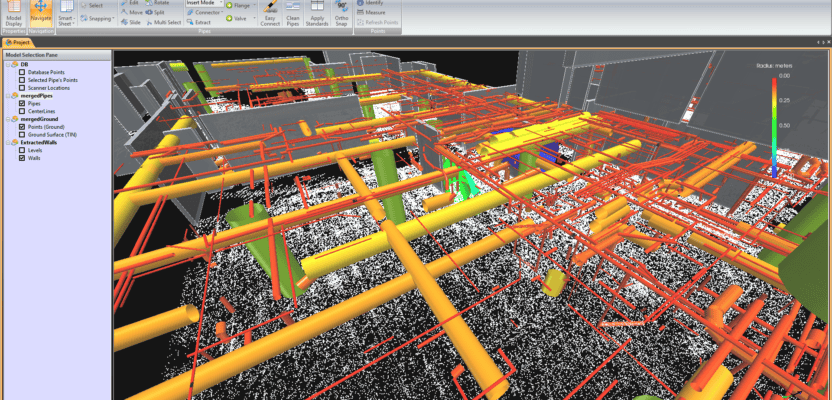 Point cloud processing in EdgeWise database with extracted elements from the point cloud database overlaid to the point cloud. Lower left: Point cloud processing into EdgeWise database with extracted elements from the point cloud database only.