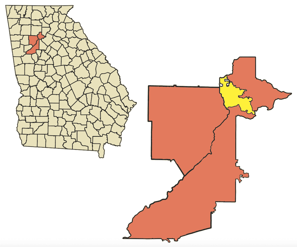 The Willeo Road bridge over Willeo Creek highlighted in the circle above required some expert surveying to identify the county line, that falls in the middle of the creek. Below, the rectangle area corresponds to the map above. The bridge carries Willeo Road from Roswell in Fulton County into Cobb County.