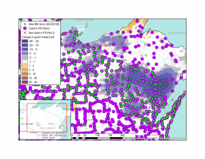 Figure 1: Prototype Hybrid Geoid Model (PG18v2.2).  This is what GEOID18 would look like today with the current data.  Green circle marks are new bench mark observations since realization of GEOID12B.