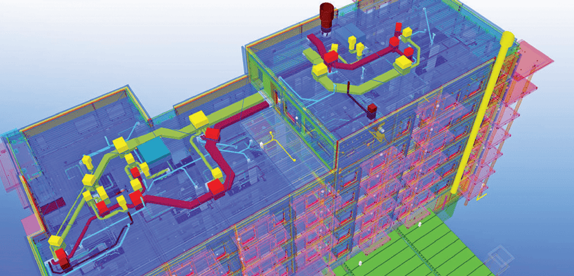 A 3D model combines building structure, systems, and site data.