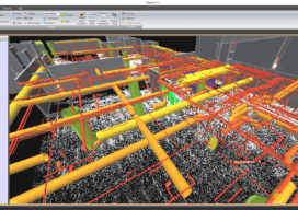 Point cloud processing in EdgeWise database with extracted elements from the point cloud database overlaid to the point cloud. Lower left: Point cloud processing into EdgeWise database with extracted elements from the point cloud database only.