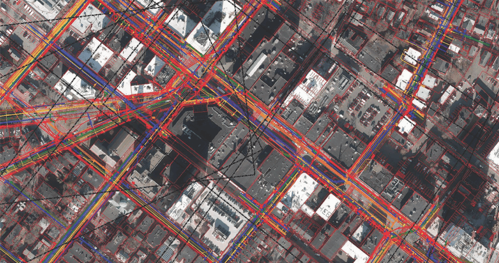 This DGT Associates 3D utility map shows the underground utilities of an area in Cambridge, Mass.