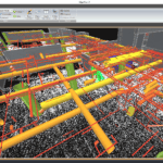 Point cloud processing in EdgeWise database with extracted elements from the point cloud database overlaid to the point cloud. Lower left: Point cloud processing into EdgeWise database with extracted elements from the point cloud database only.