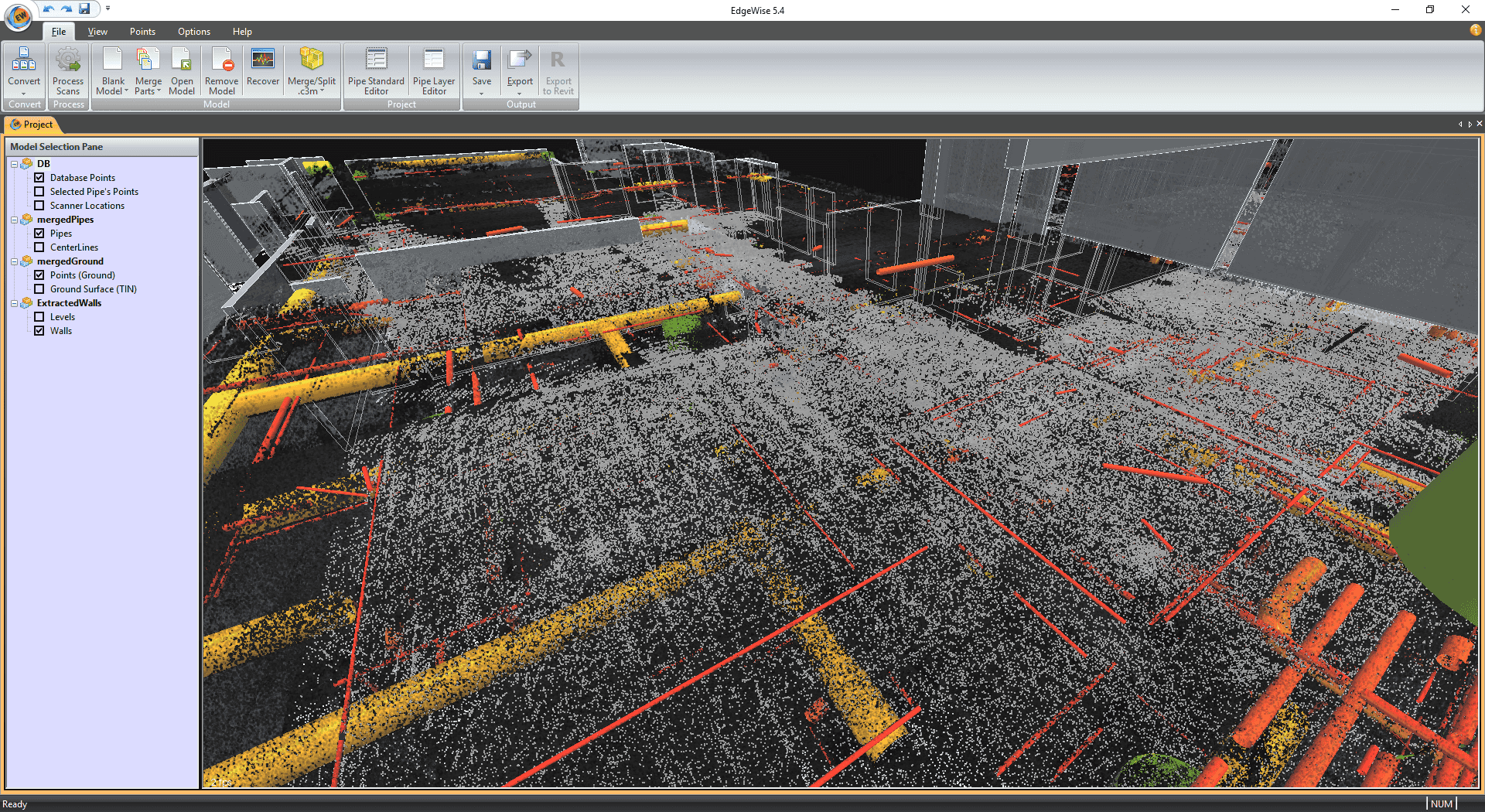 Point cloud processing into EdgeWise database with extracted elements from the point cloud database only