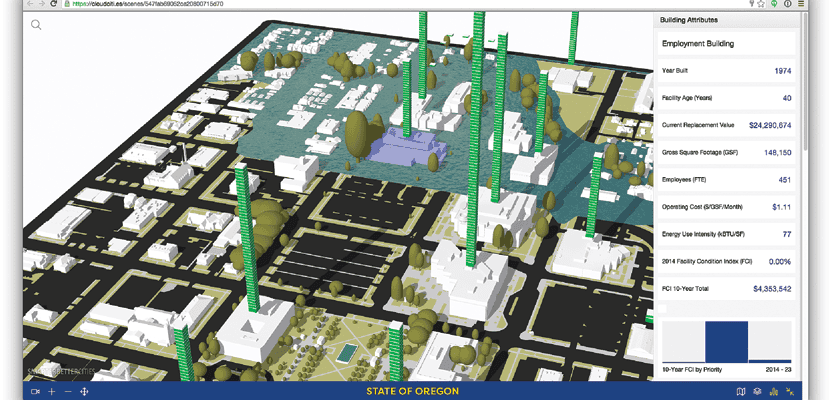 When a group of a state agency leadership saw this 3D visual of a 100-year flood plain consuming state-owned office buildings, they began to collaboratively discuss the issues it raised.