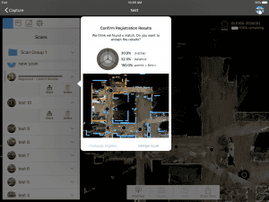 The mobile app on the iPad processes the scan as it is received from the BLK360. It begins to compare to previous scans (blue for existing, orange for new), suggesting a registration. The user can accept the merge at any time or opt to choose points common to scans for a manual registration. (Screeenshot from test drive, source: Autodesk) lidar mapping