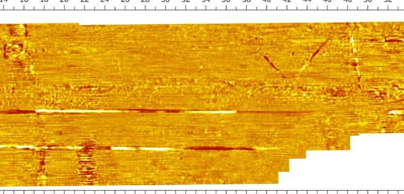 Processed time slice with Condor, 34 inches below ground surface. Underground utilities present at that depth show up as linear features in the data.