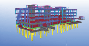 This pre-construction model of the new Trimble facility shows above- and below-ground structural elements.