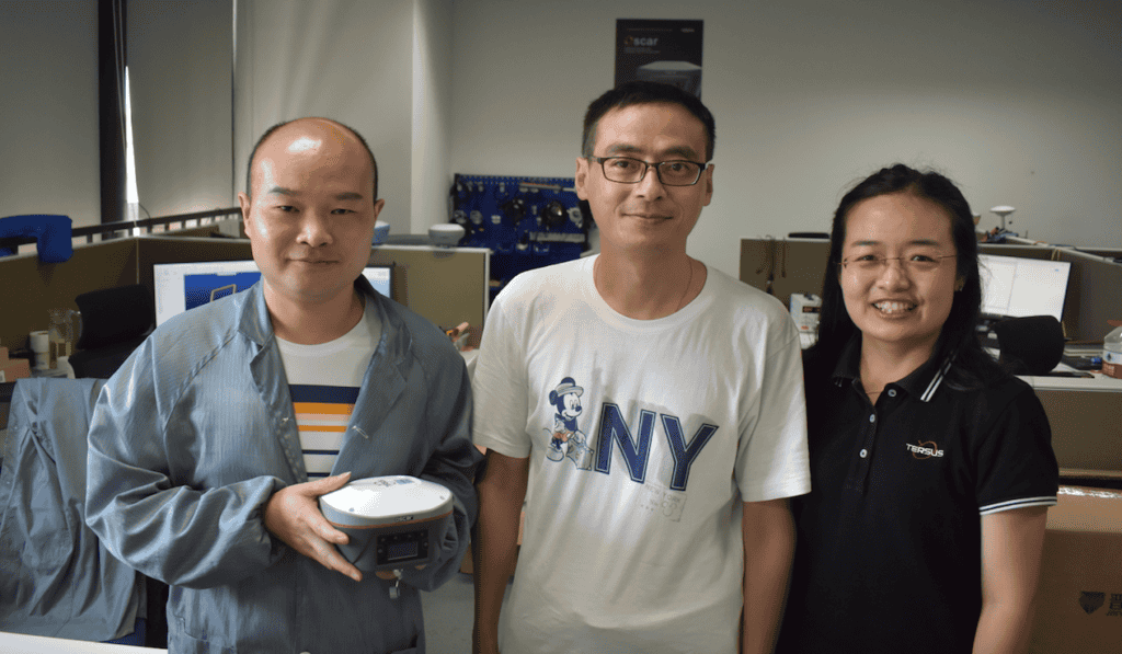  Tersus team members Zhonghai Zou, production engineer, Sen Liu, vice general manager,  and Cathy Liu, product document engineer.